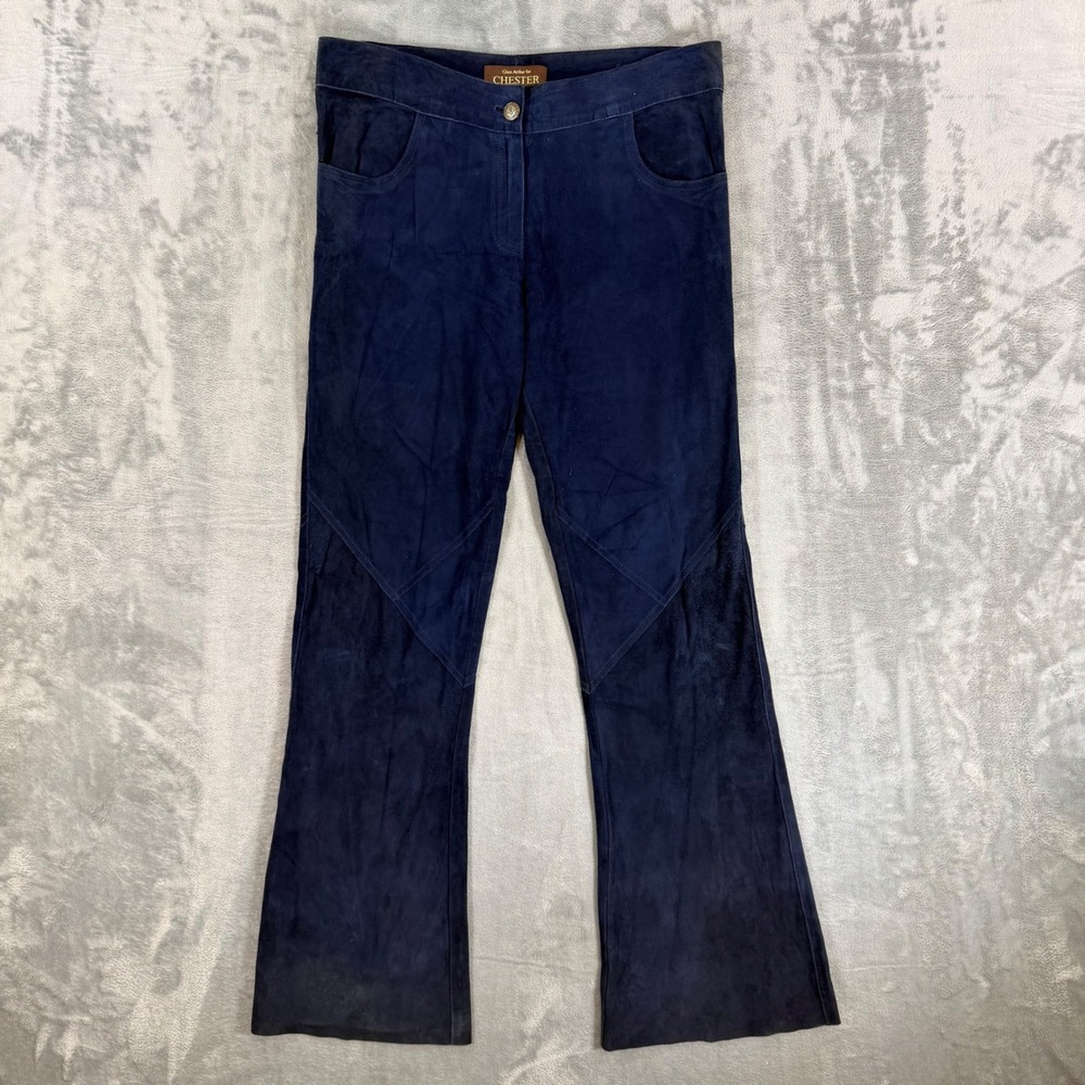Glen Arthur Leather Suede Flare Leg Pants Women's Size 32x31 Navy Dark Blue
